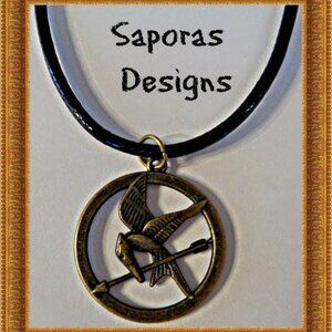 Hunger Games Mocking Jay Theme Necklace With Black Rope Chain Unisex Gift